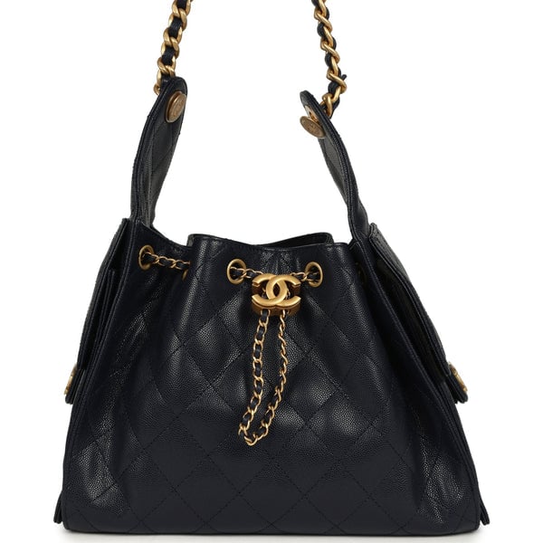 Chanel Small 25 Hobo Bag Dark Navy Caviar Antique Gold Hardware