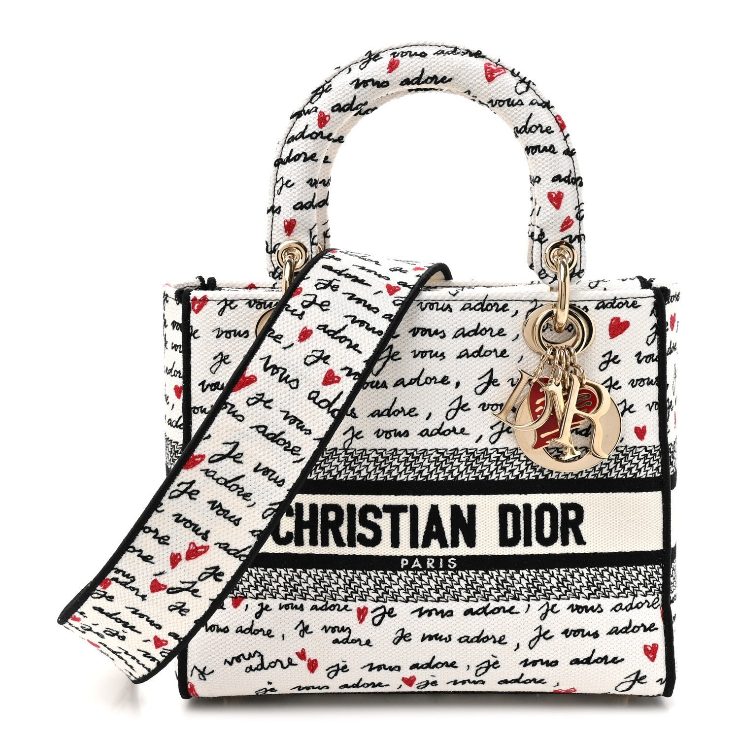 Christian Dior Canvas Embroidered Dioramour Je Vous Adore Medium Lady D-Lite White Black Red