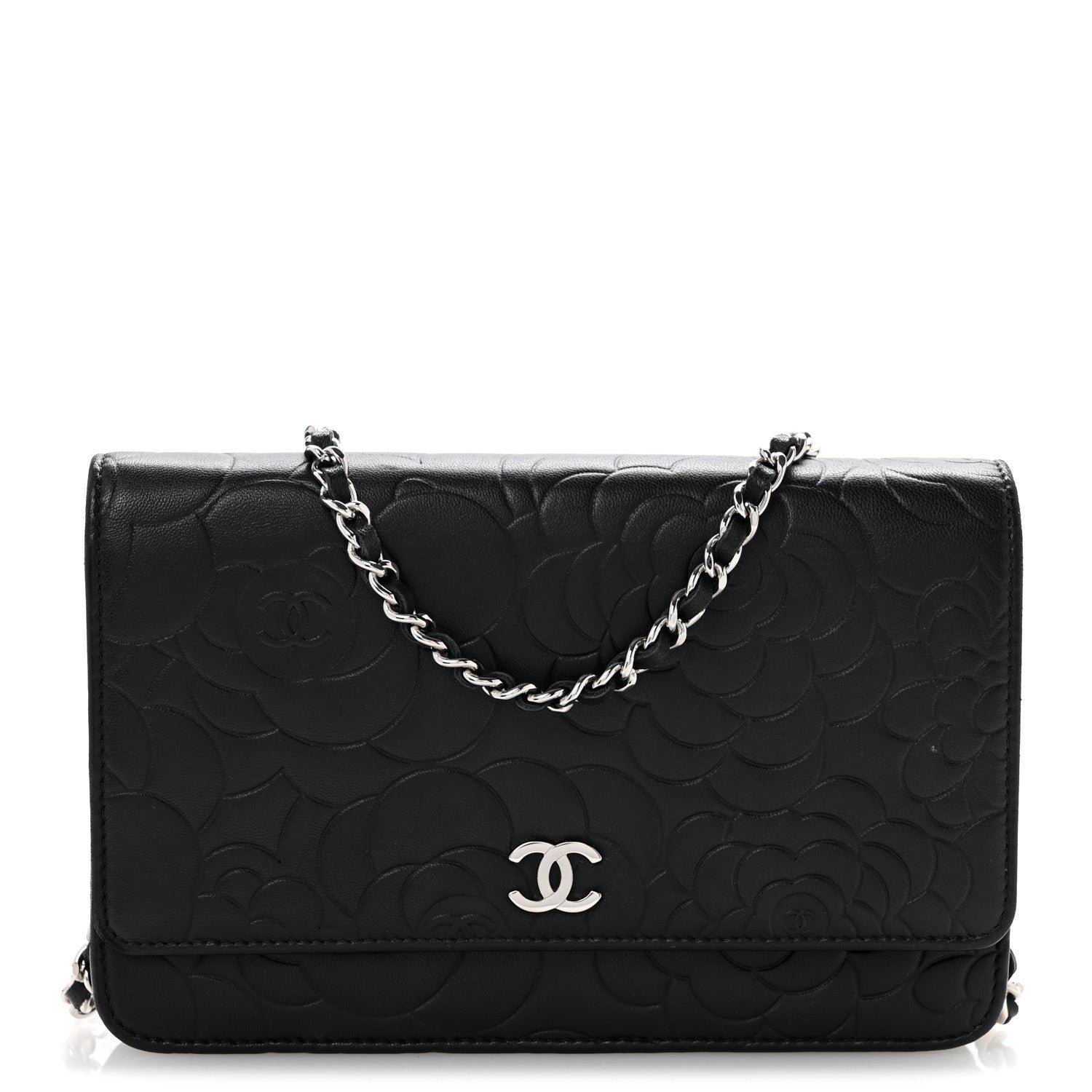 Chanel Lambskin Camellia Embossed Wallet On Chain WOC Black