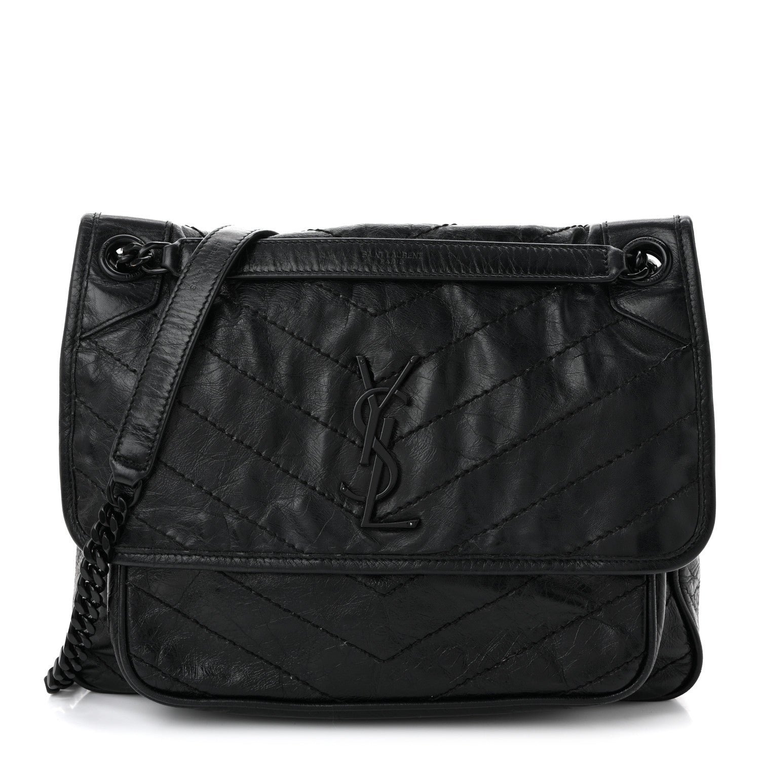 Saint Laurent Crinkled Calfskin Matelasse Monogram Medium Niki Chain Satchel Black