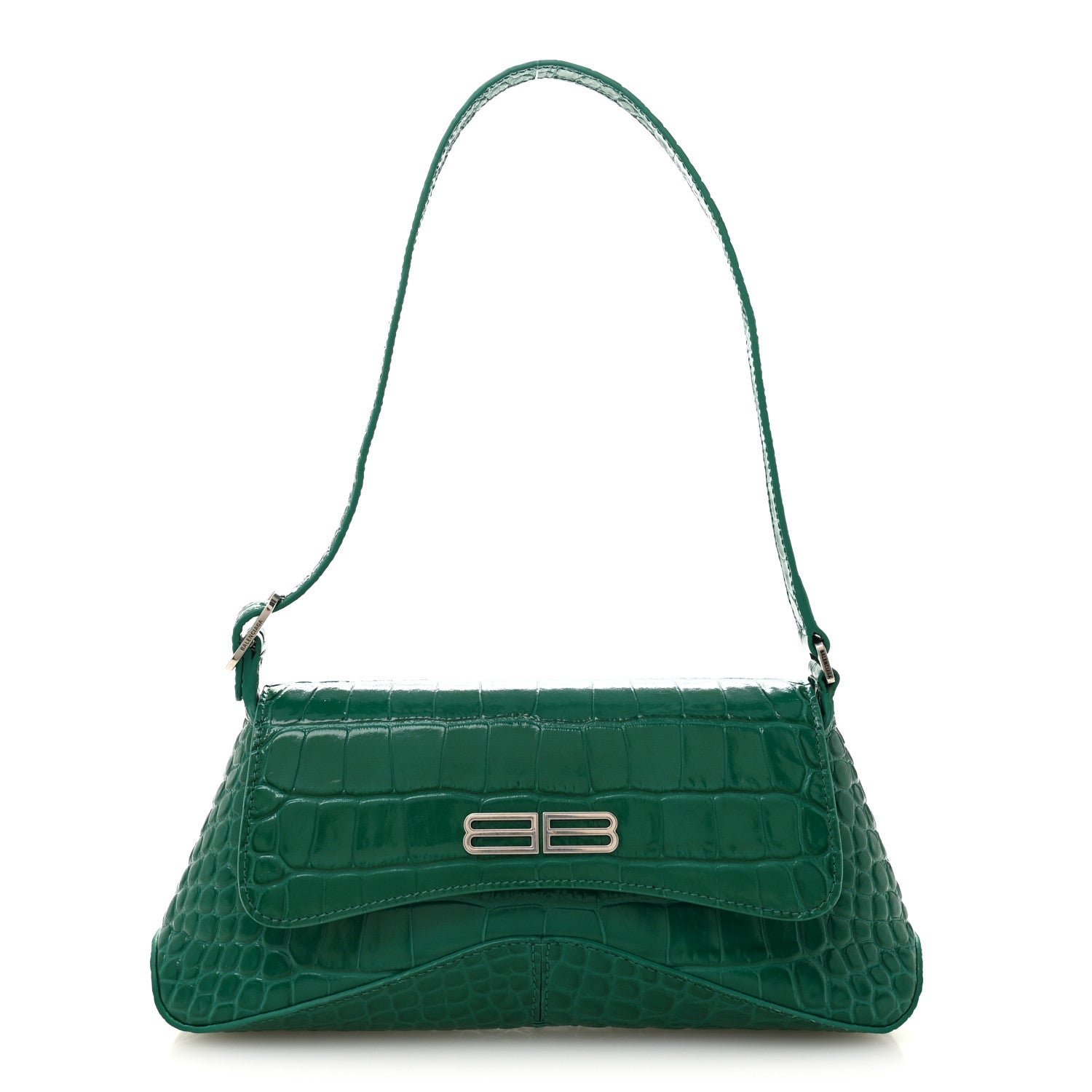 Balenciaga Shiny Super Supple Calfskin Crocodile Embossed Small XX Flap Stretch Bag Jade