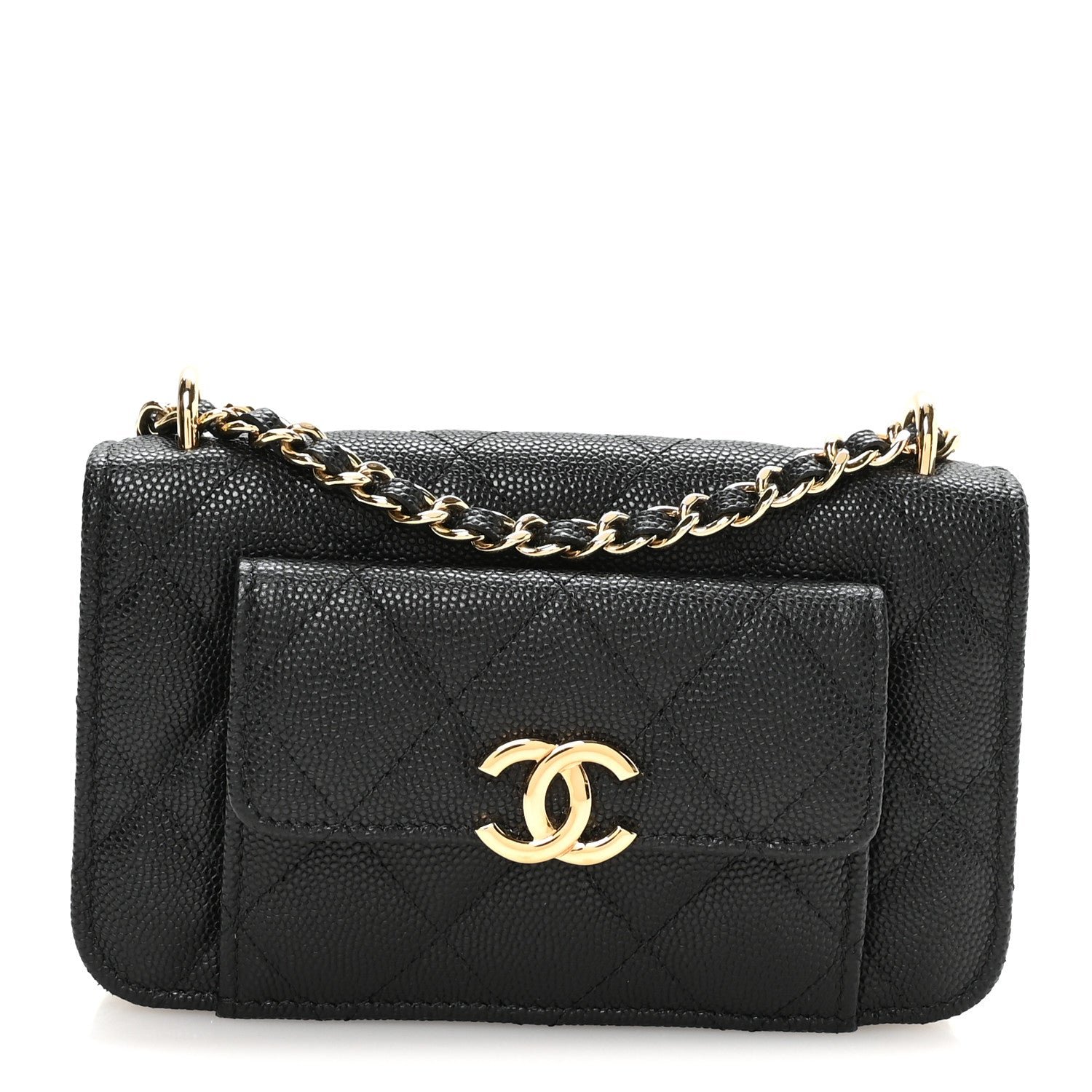 Chanel Caviar Quilted Pocket Twins Clutch With Chain  Black