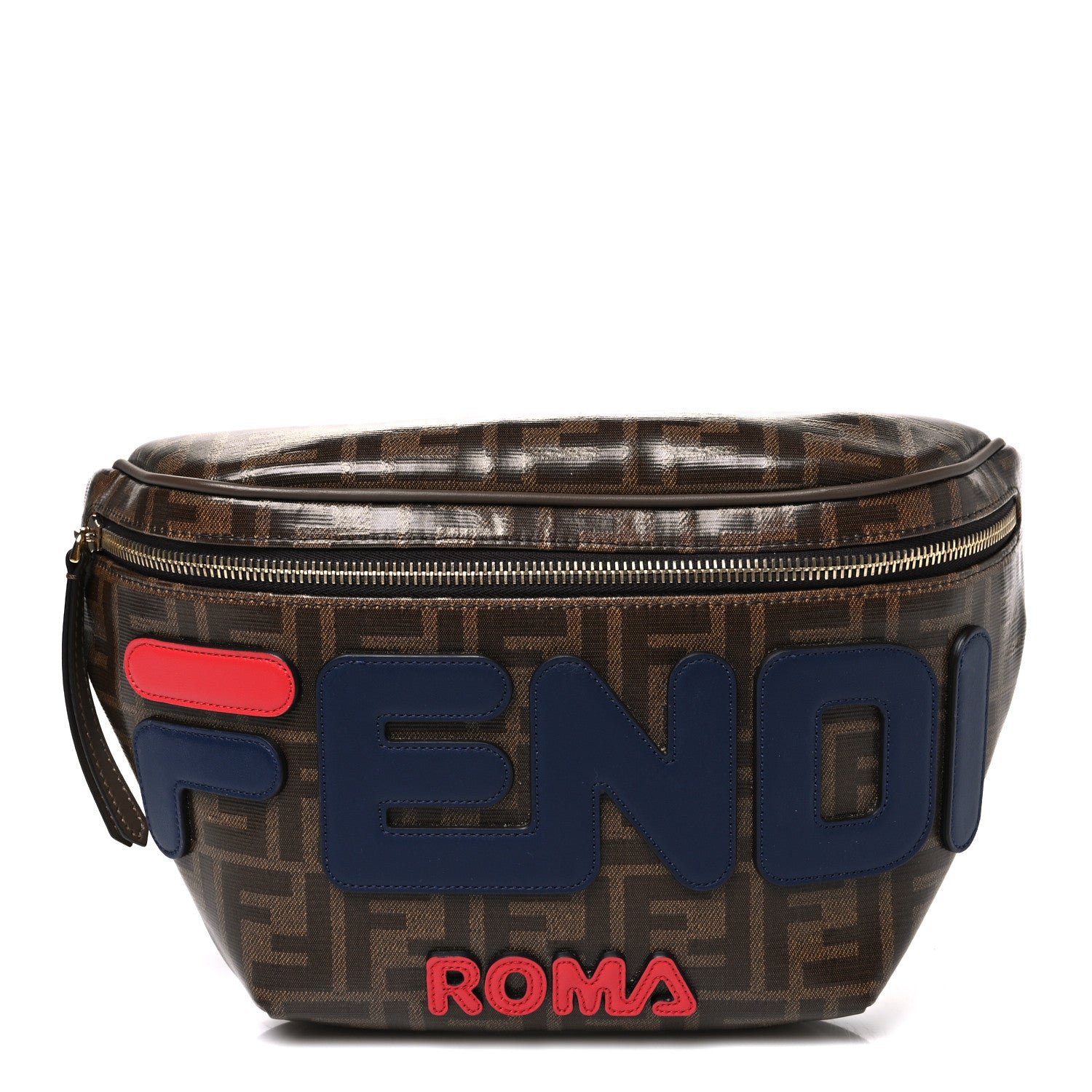 Fendi X FILA Glazed Fabric Vitello Century FF 1974 Mania Belt Bag Mogano Panna Blueberry