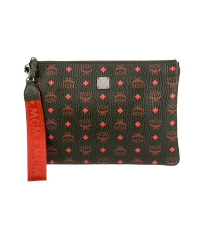 MCM Khaki X Red Monogram Visetos Leather Clutch