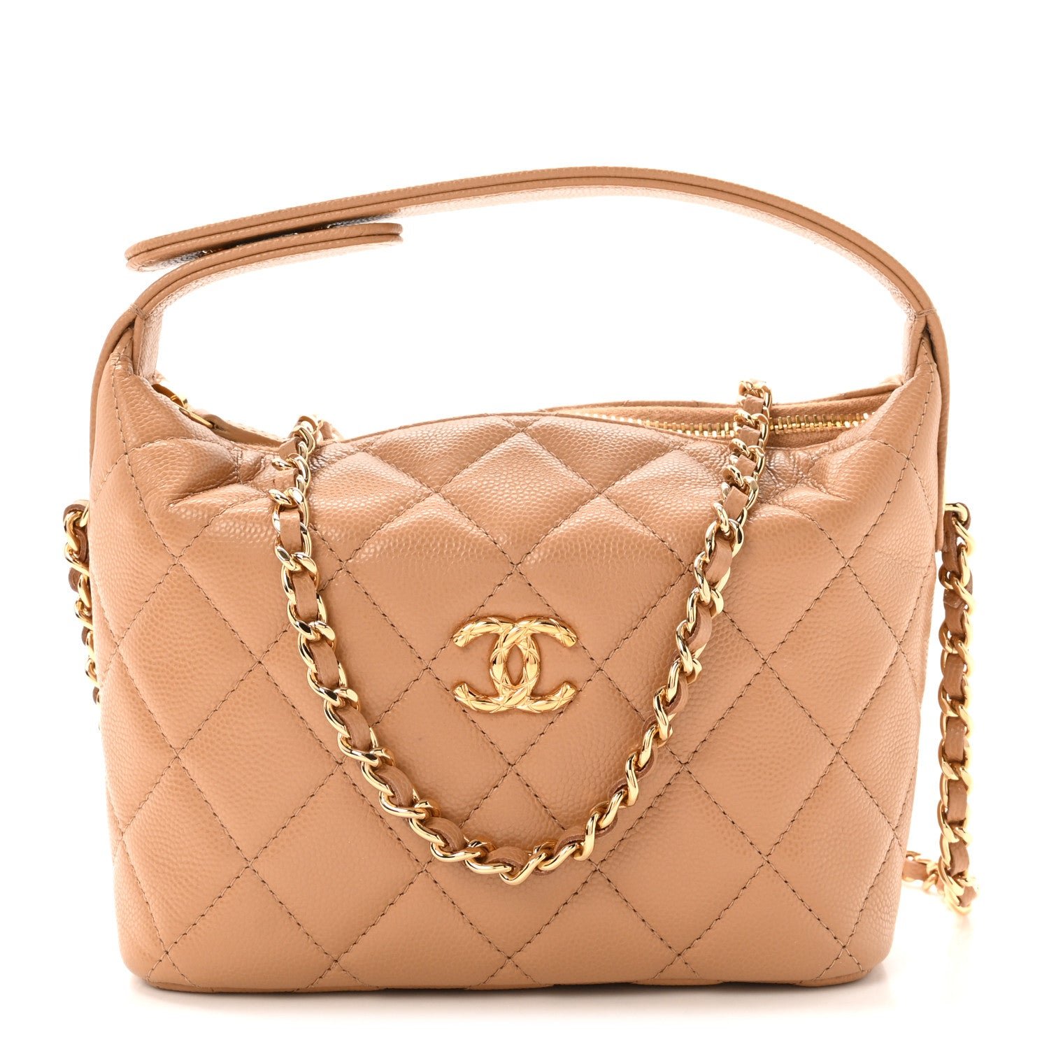 Chanel Caviar Quilted Hobo Clutch With Chain Dark Beige