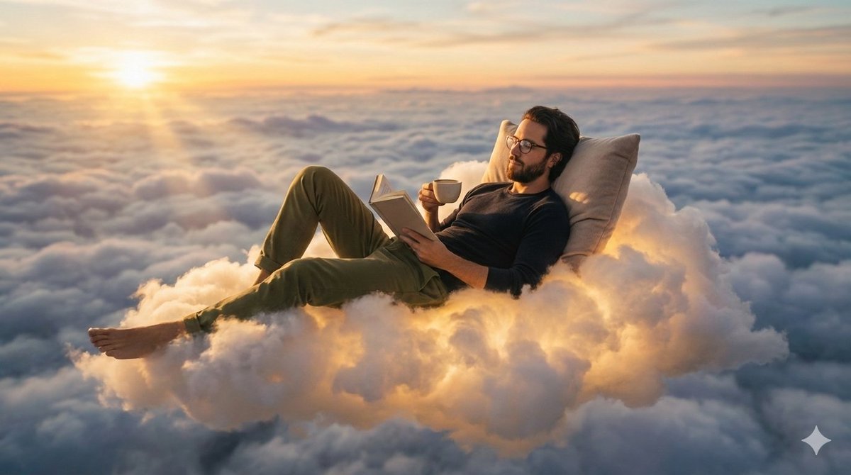 Person relaxing on glowing cloud above the sky
