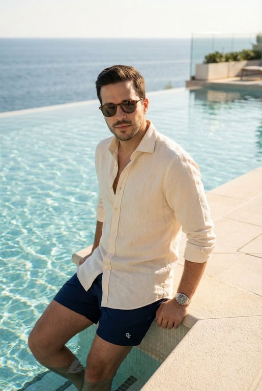 Editorial poolside fashion photoshoot of a man