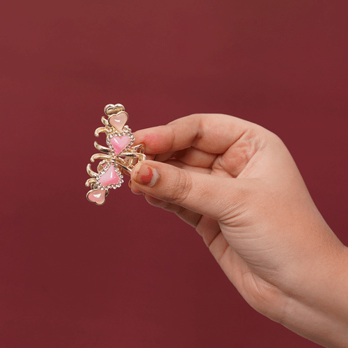 Heart Leaf With Stone Hair Clip - Pink
