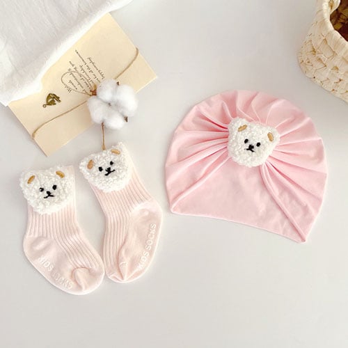Cartoon Bear Baby Hat & Sock Set - Pink