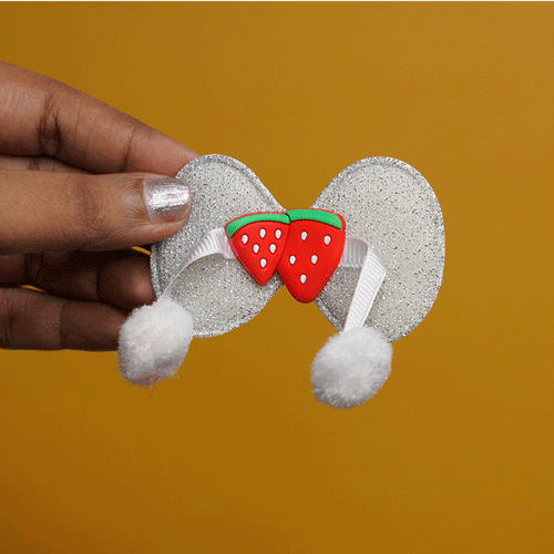 Shiny Stone Finish Bow Shape Pompom Hair Clip - White