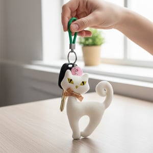 Fancy Cat With Rattle Ball Key Ring - White