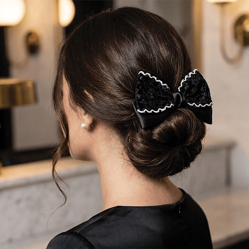 Layered Grosgrain Fabric Bow Hair Clip - Silky Black