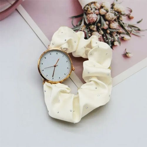 Stone Fashionable Scrunchie Watch For Women - Silky Beige