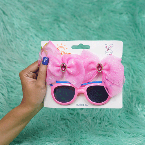 Fancy Sunglass & Bow With Stone Hair Clip Combo - Baby Pink