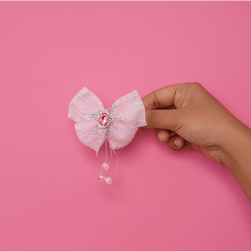 Glossy Bow Hair Clip With  Infinity Stone & Pearl - Pink