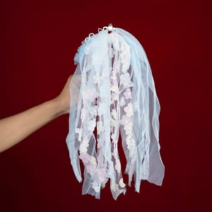 Stone Crown With Floral Veil Headband - Sky Blue