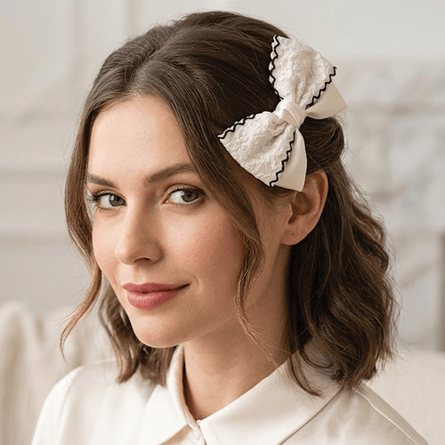 Layered Grosgrain Fabric Bow Hair Clip - Silky White