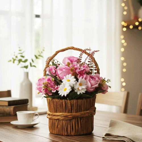 Artificial Multi Flower Basket - Pink Rose