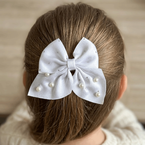 Short Bow Silk Hair Clip With Pearls And Stone - White