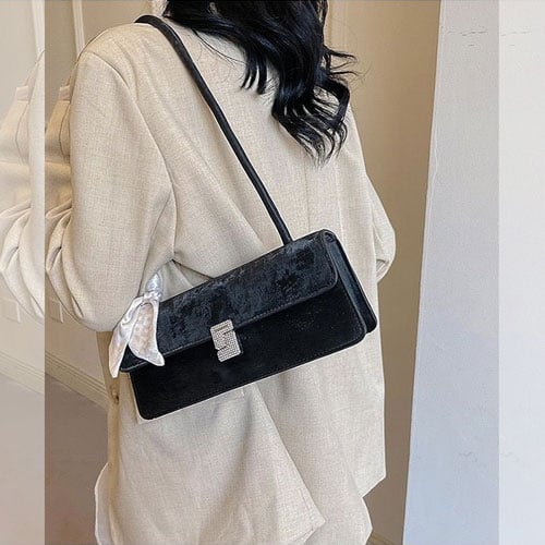 Velvet Finishing Stylish Bag For Women - Black