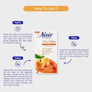 Nair Apricot Face Wax Strips For Sensitive Skin 20 Wax Strips + 2 Wipes  •