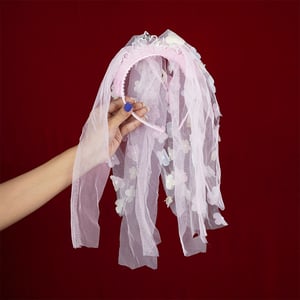 Stone Crown With Floral Veil Headband - Pink