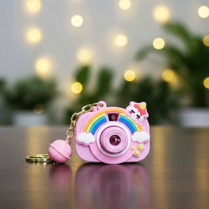 Cute Camera Keychain With Rattle - Pink