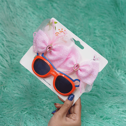 Fancy Sunglass & Bow With Stone Hair Clip Combo - Orange & Baby Pink