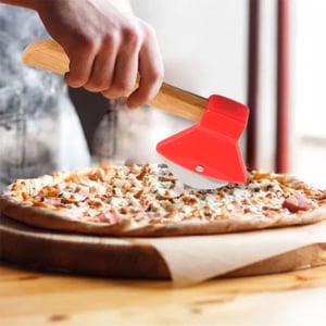 Axe Shape Pizza Cutter With Bamboo Handle - Red