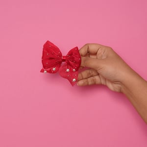 Short Bow Hair Clip With Pearls & Stone - Red