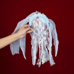 Stone Crown With Floral Veil Headband - Sky Blue