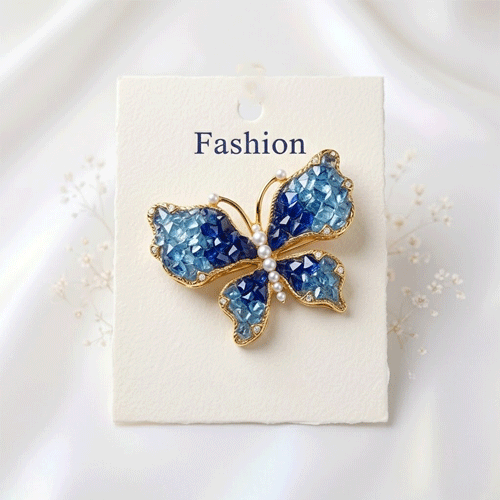 Rhinestone And Faux Pearl Butterfly Brooch Pin - Blue