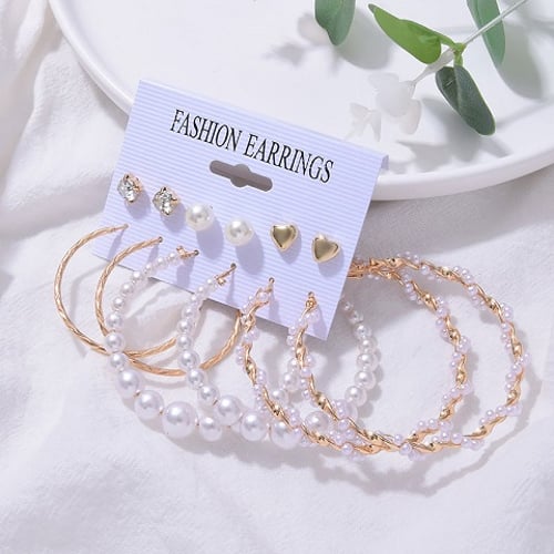 Trendy Retro Exaggerated Geometric Pearl Earrings Set - 6 Pairs (53)