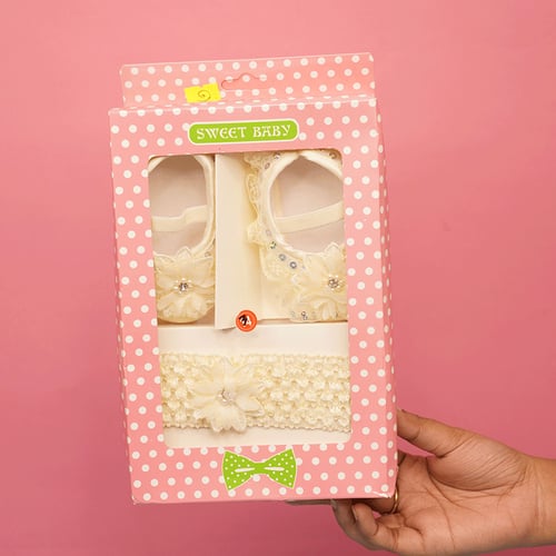 Sweet Baby Shoe & Flower Head Band - Cream