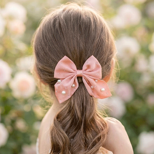 Short Bow Silk Hair Clip With Pearls And Stone - Peach