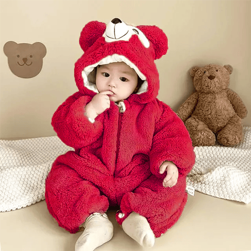 Winter Teddy Romper For Baby - Red Small