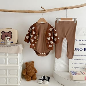 Korean Style Baby Cotton Romper Three Piece Set Size 90 - Chocolate