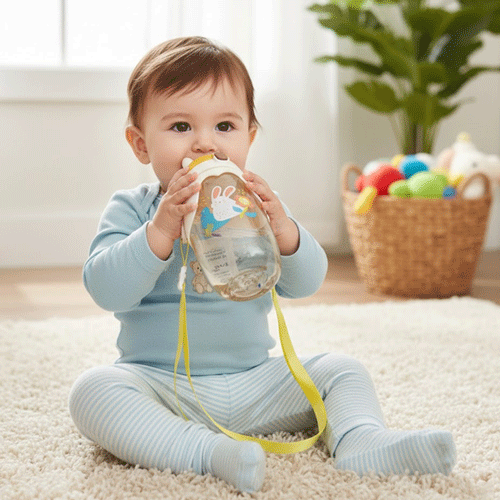 Premium Kids Water Bottle Strap & Straw 460ml - Rabbit