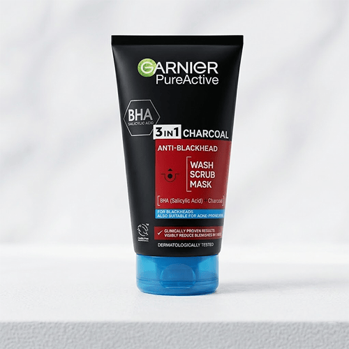 Garnier Pure Active 3 in 1 Charcoal Anti Blackhead Wash Scrub & Mask 150ml•