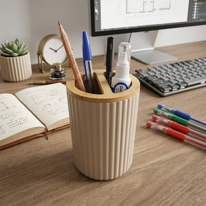 Desktop Wooden Round Pen Holder •