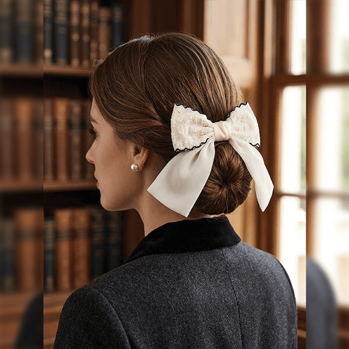 Layered Grosgrain Fabric Bow Hair Clip - Net White