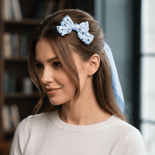 Polka Dot Net Bow Hair Clip - Baby Blue