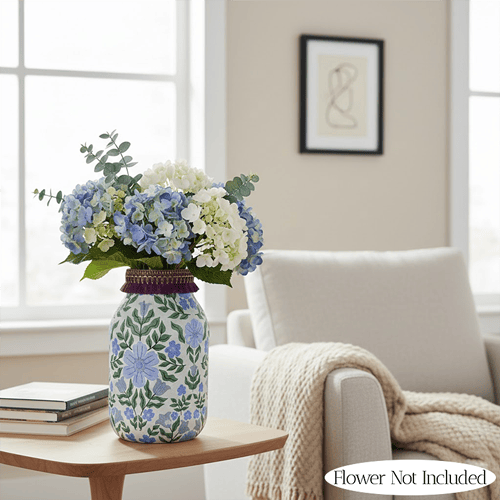 Floral Printed Glass Vase - Blue Flower