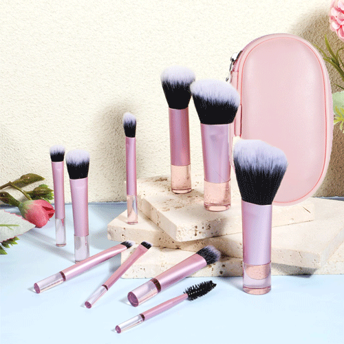 10pcs Premium Mini Makeup Brush Set With Zip Pouch - Pink