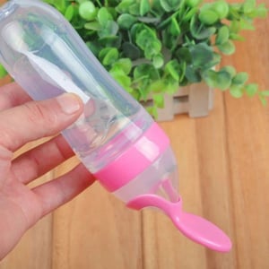 Silicone Feeding Bottle With Spoon - Pink