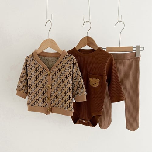 Korean Style Baby Cotton Romper Three Piece Set Size 90 - Brown