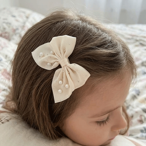 Short Bow Silk Hair Clip With Pearls And Stone - Beige