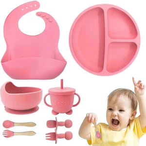 Silicone Feeding Accessories 8pcs Set for Babies - Pink