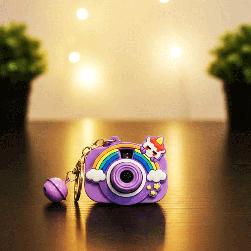 Cute Camera Keychain With Rattle - Purple