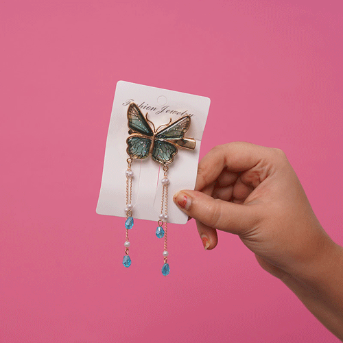Premium Butterfly Hair Clip With Pearl & Chain - Green
